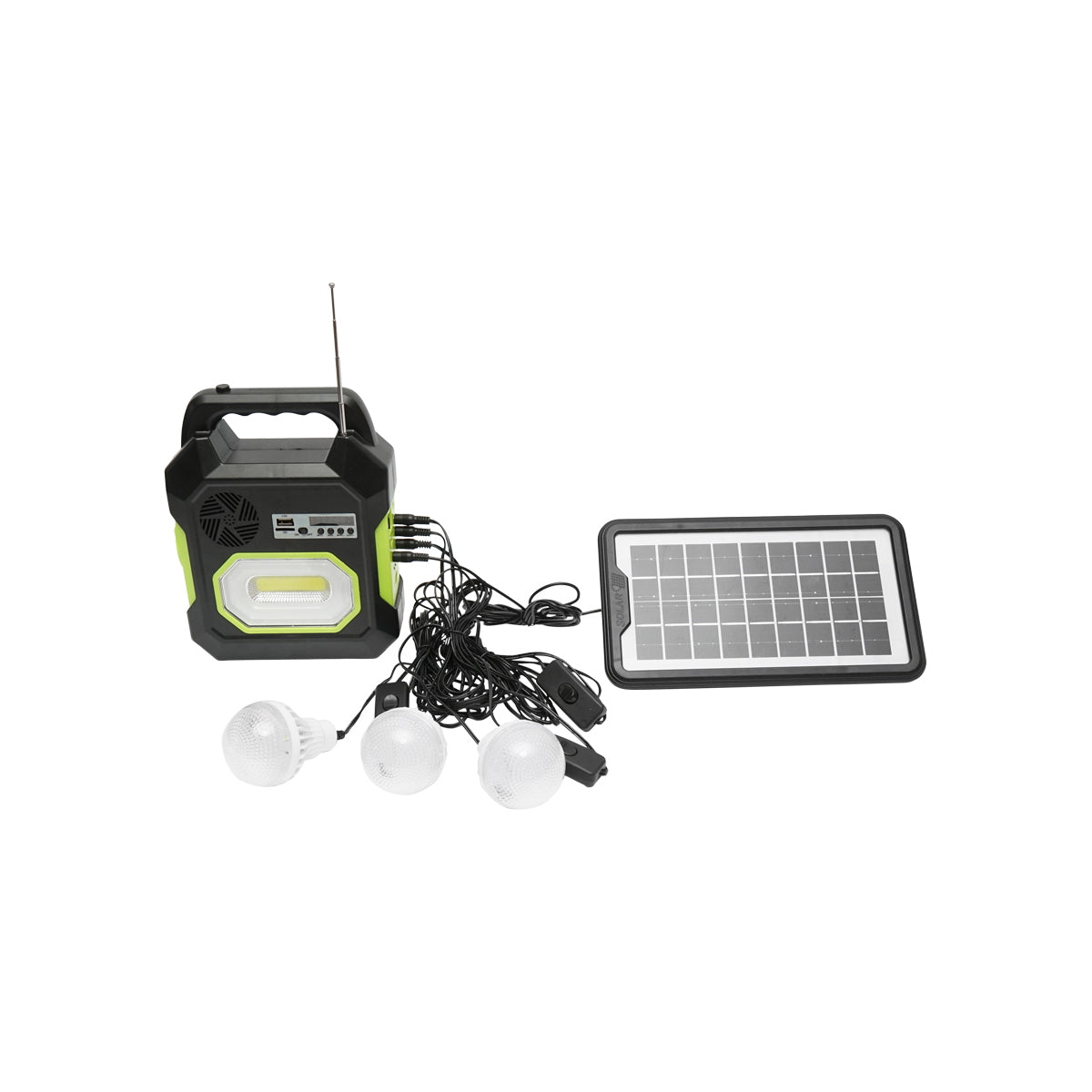 Portable LED lighting kit with 3 bulbs/projector, FM radio, solar panel, and 6V, 4.5 Ah battery for fishing camping GD-15