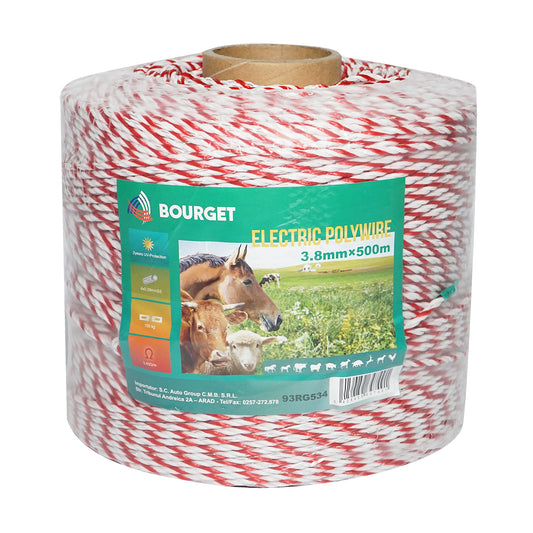 Roll of white-red wire fi 3.8mm 4x0.28mm SS, 500m electric fence, resistance 3.45 Ohm Bourget