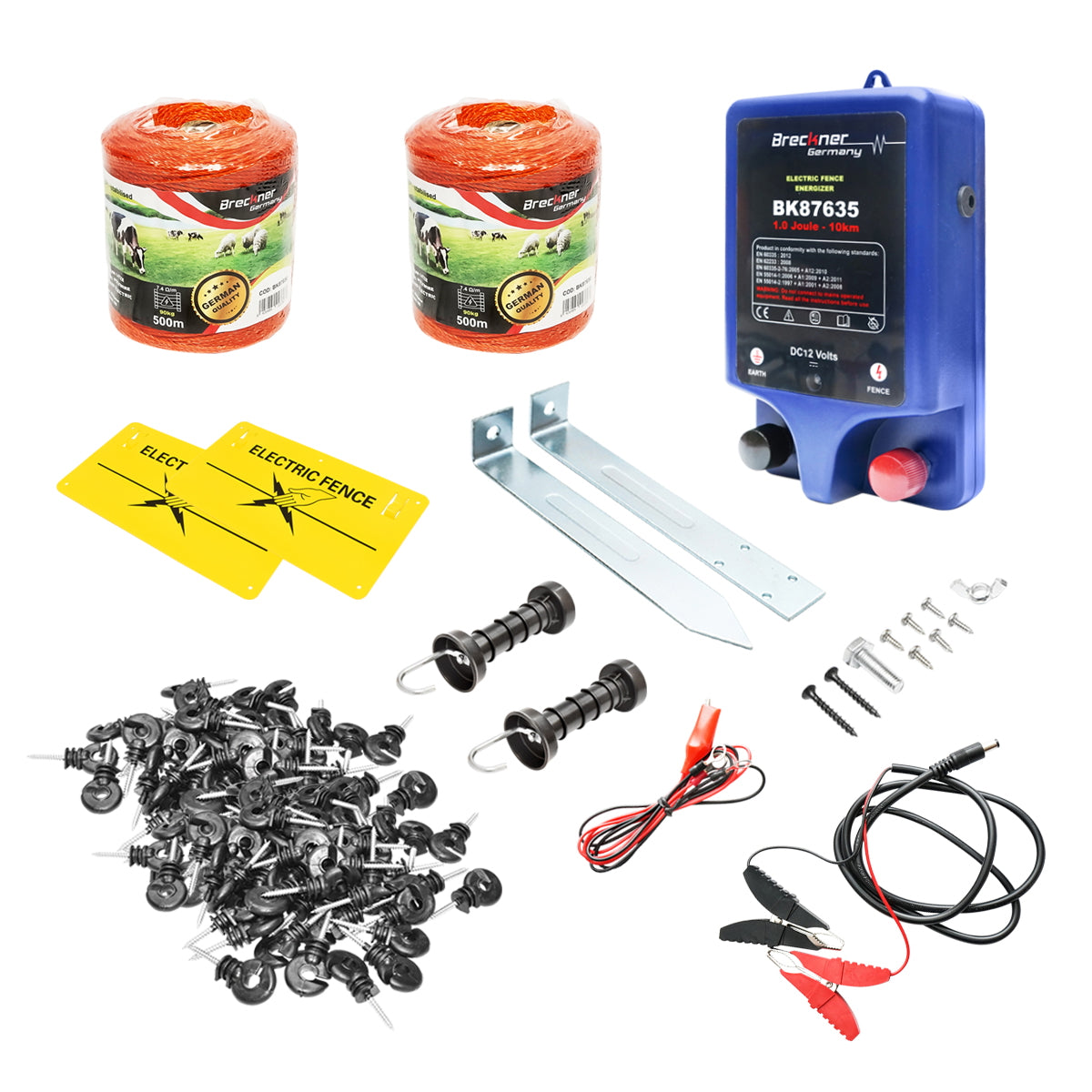 Complete electric fence kit 12V, 1 Joule, wire length 1000m, 200 insulators, 2 gate handles and 2 warning signs Breckner Germany