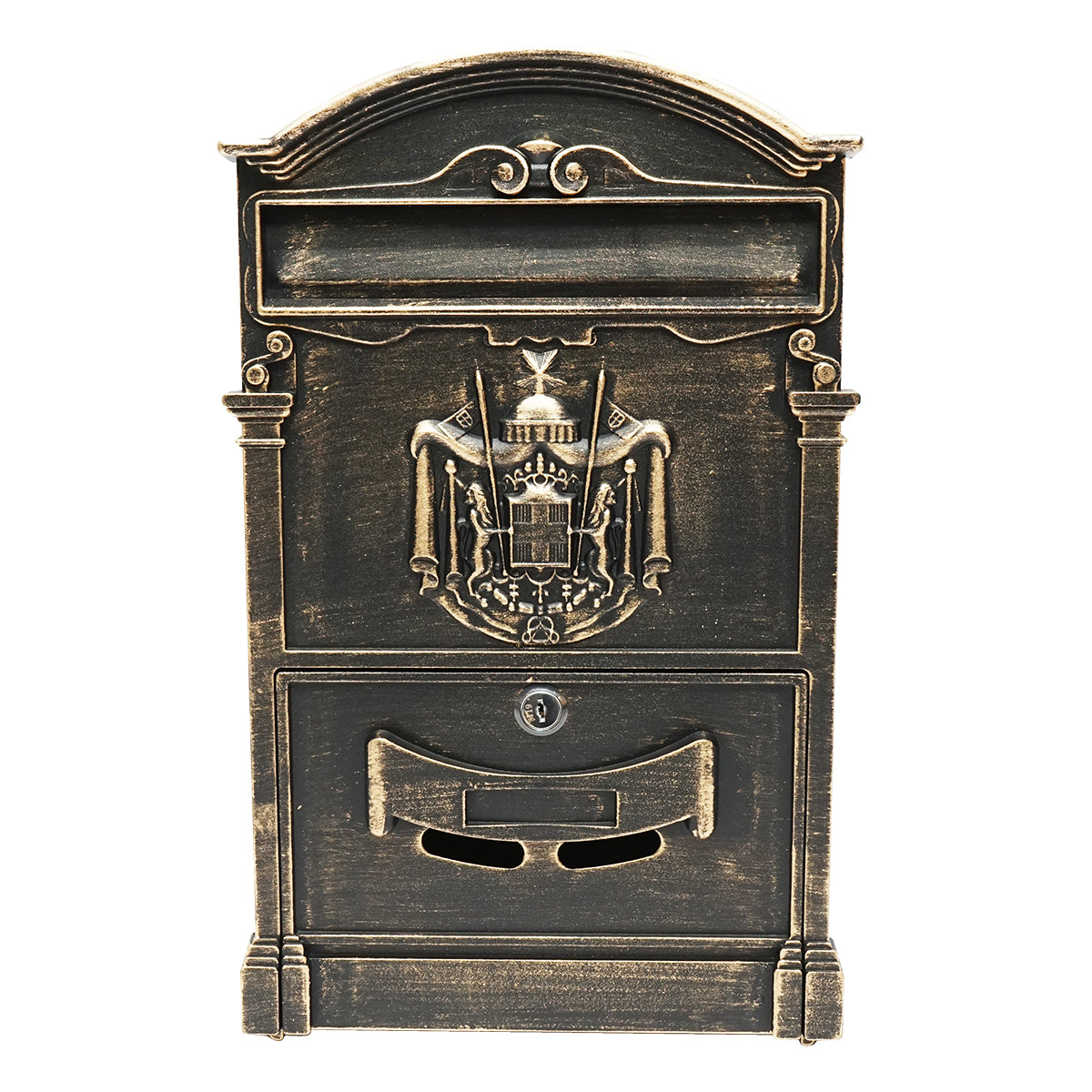 Antique golden mailbox 410X260X90mm with 2 keys and mounting accessories