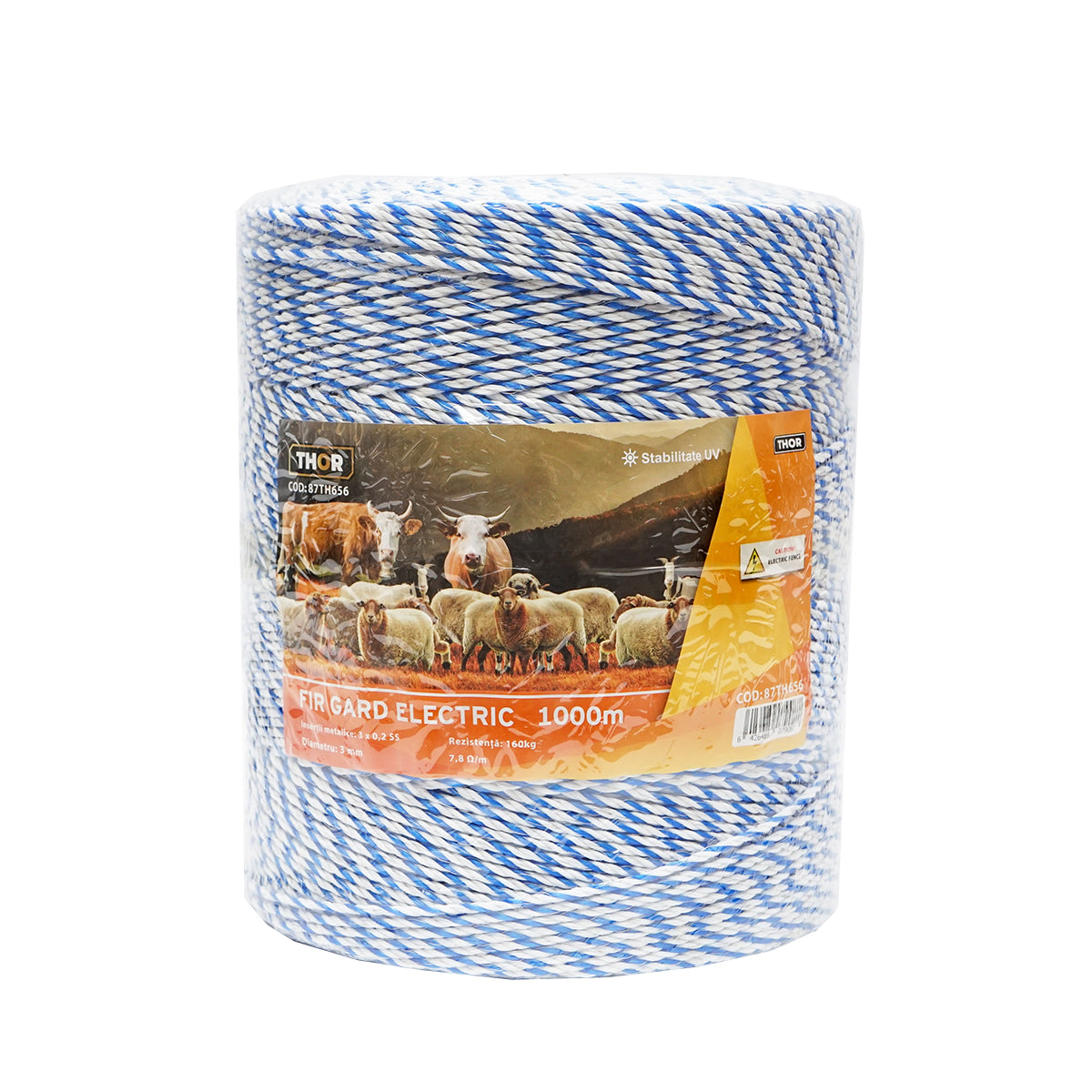 White-blue wire roll 3mm with metal insert 3x0.2mm SS, resistance 7.8 Ohm/m, 1000m electric fence Thor