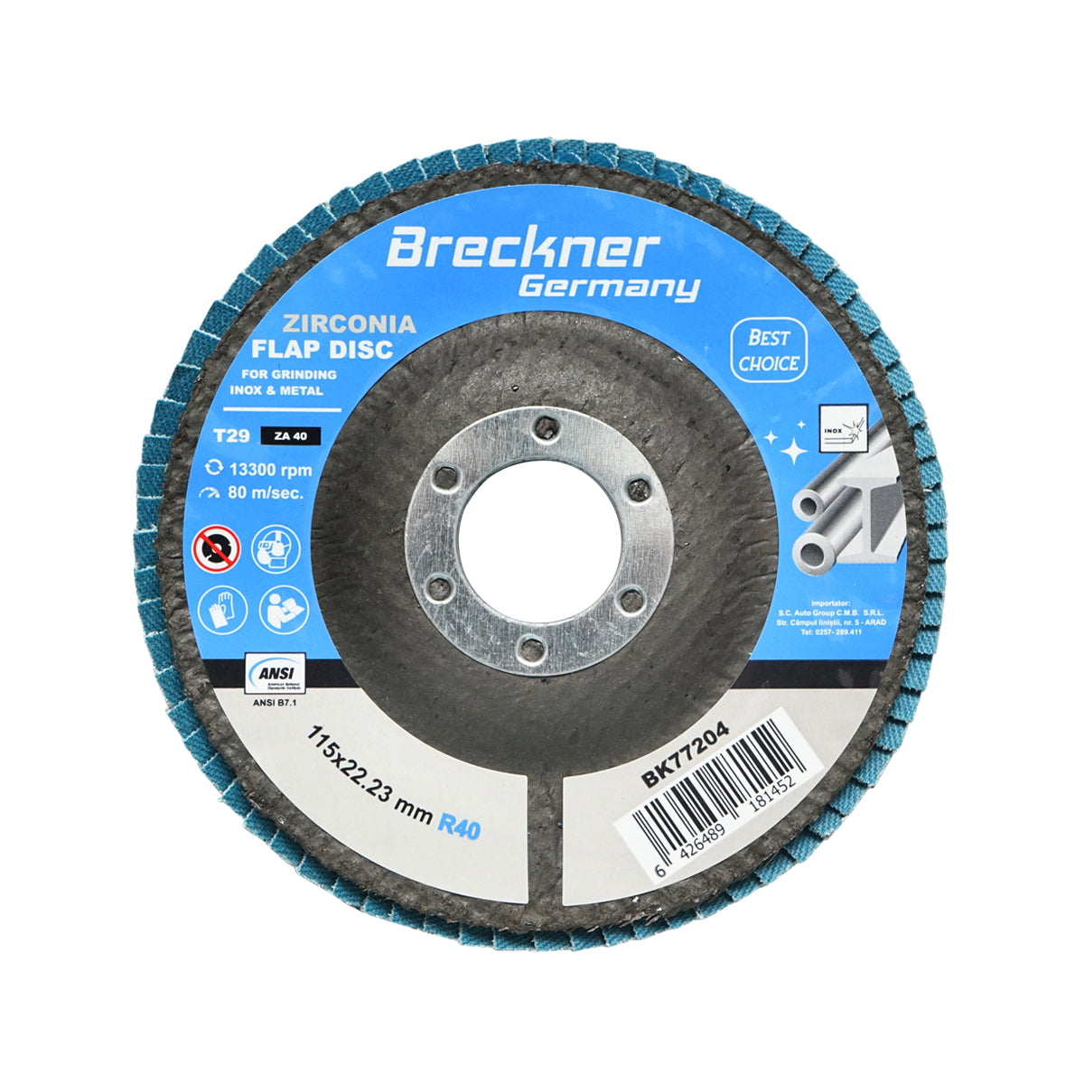 Zirconium abrasive grinding disc for cutting and polishing metal, stainless steel P40, 115mm Breckner Germany