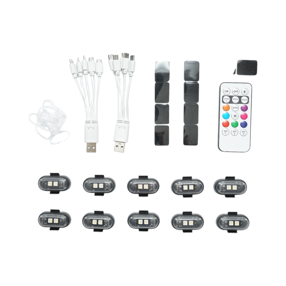 Set of 10 RGB strobe LED lights with remote control, 10 modes, 8 colors, 110mAh lithium battery rechargeable via USB-C, IP65