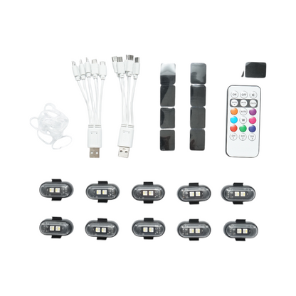 Set of 10 RGB strobe LED lights with remote control, 10 modes, 8 colors, 110mAh lithium battery rechargeable via USB-C, IP65