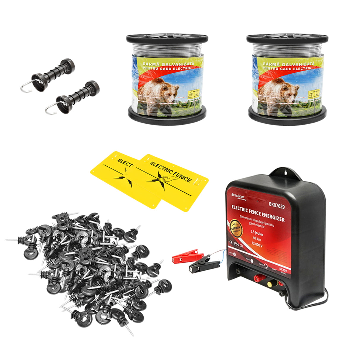Complete electric fence kit 12V 3.5 Joules, wire length 1000m, 200 insulators and warning signs Breckner Germany