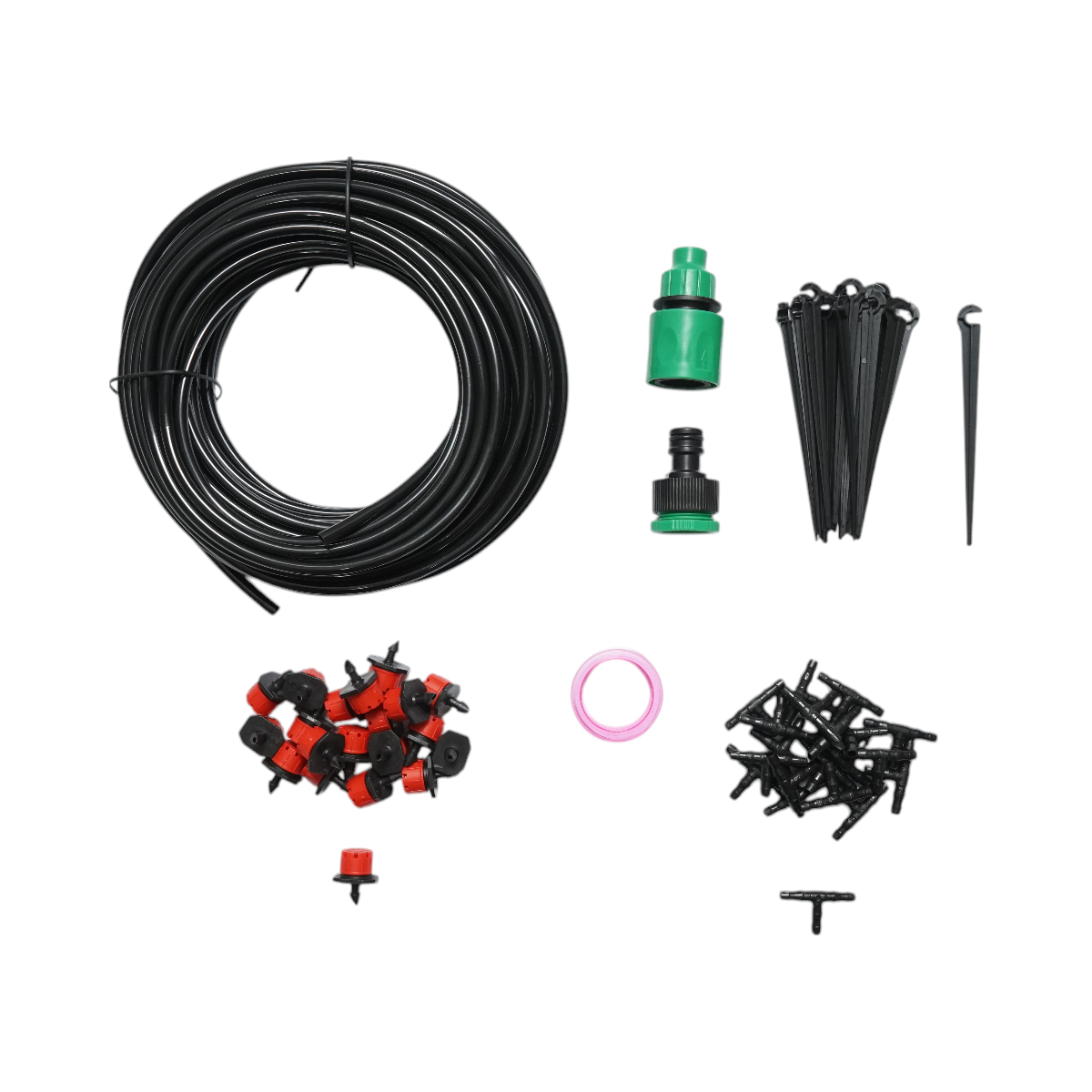 Complete drip irrigation kit with a 15.5m hose, nozzles, connectors, fixing stakes, 64 pieces.