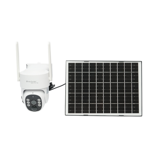 Surveillance camera with dual lens 3MP, 4G, 2.4 GHz WIFI with solar panel, 9000 mAh battery, PTZ control, human PIR detection, night vision, and Ubox application.