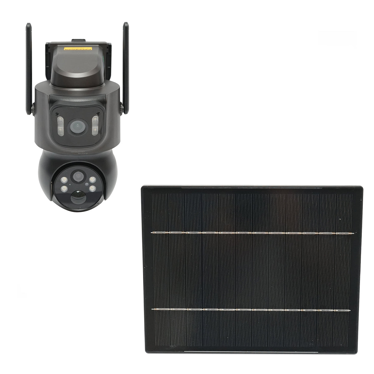 4 MP dual lens surveillance camera with 7.6W solar panel, fast charging 18650 battery, 2.4 GHz WIFI, 360 degree PTZ rotation with motion sensor, human detection PIR, alarm, night vision and iCSee application