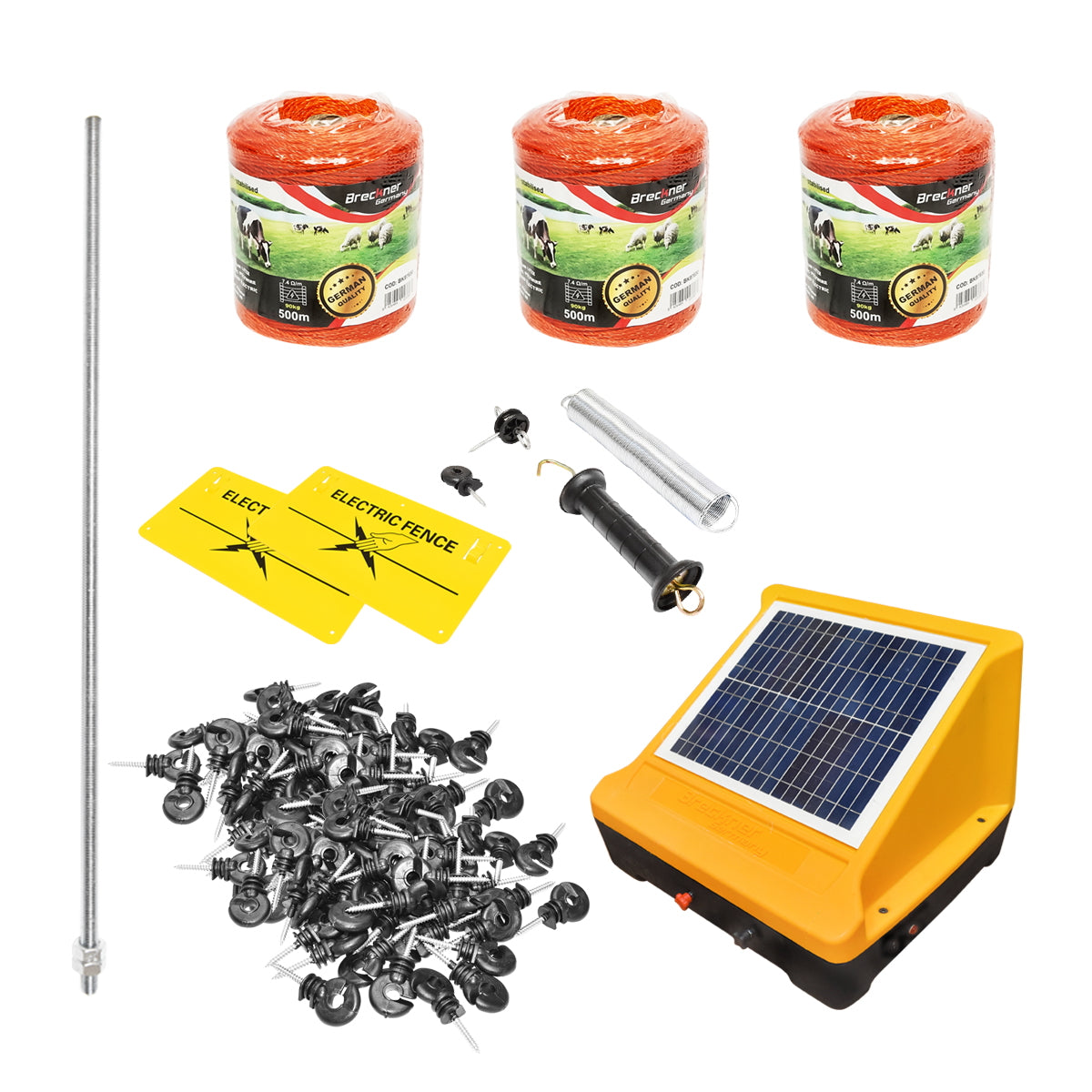 Electric fence kit 12V 4 Joules, 20W solar panel, 12V/12Ah battery, 1500m electric wire Breckner Germany