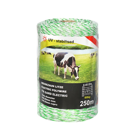 Green-white wire roll 3mm 3x0.2mm stainless steel, 1x0.25 copper 0.45 Ohm/m, 250m electric fence Breckner Germany