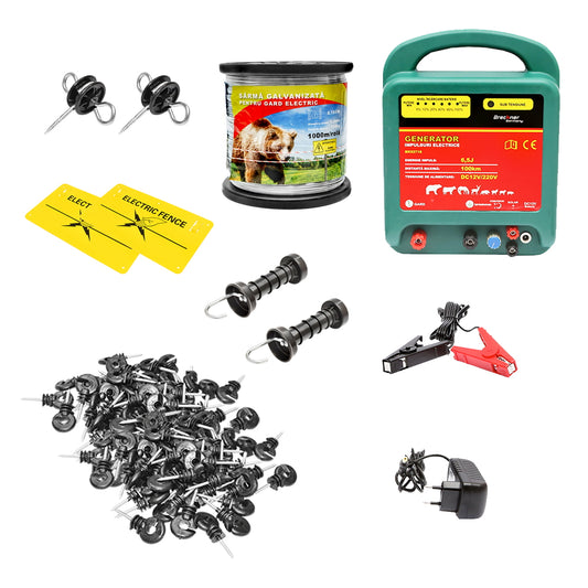 Complete electric fence kit 12/220V, 6.5 Joules, wire length 1000m, 100 insulators and warning signs Britmann
