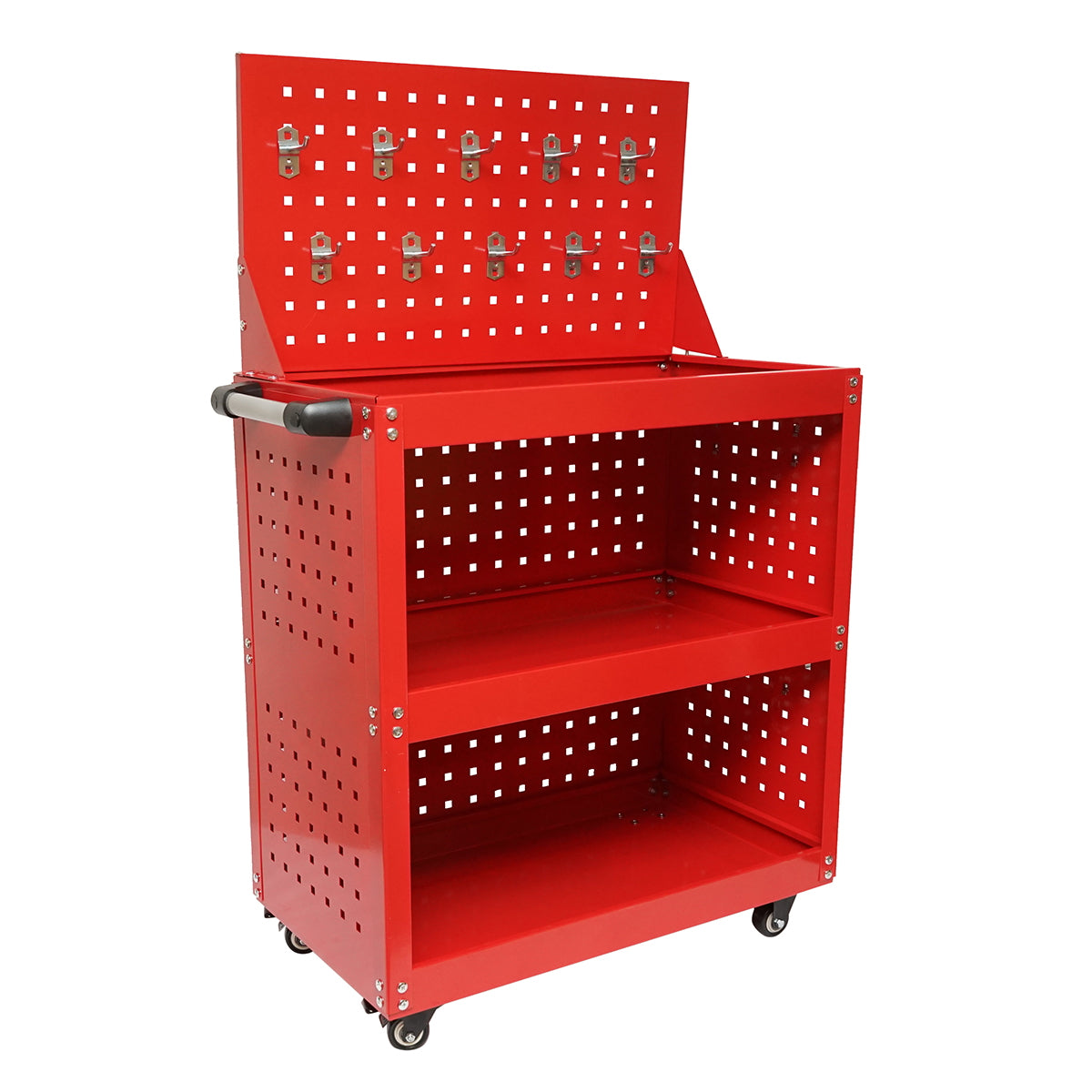 Metal cart on wheels with 3 shelves and panel with tool supports 660x360x1080mm