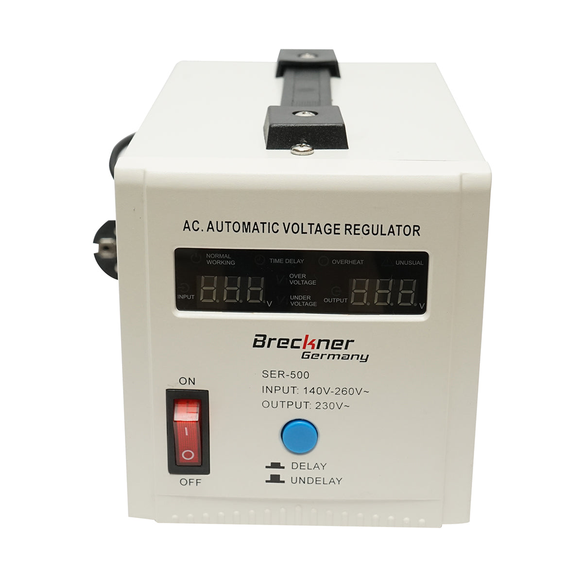Automatic single-phase voltage stabilizer with relay 500VA/140-260V, 2 Schuko sockets 230V, LCD display Breckner Germany