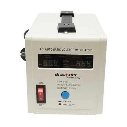 Automatic single-phase voltage stabilizer with relay 500VA/140-260V, 2 Schuko sockets 230V, LCD display Breckner Germany