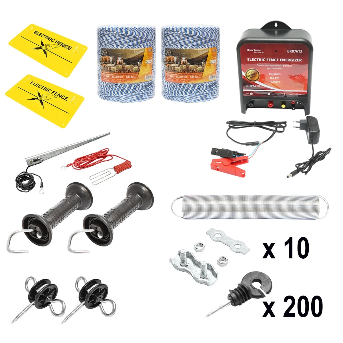 Complete electric fence kit 12/220V, 14 Joule wire length 2000m, 200 insulators and warning signs Breckner Germany