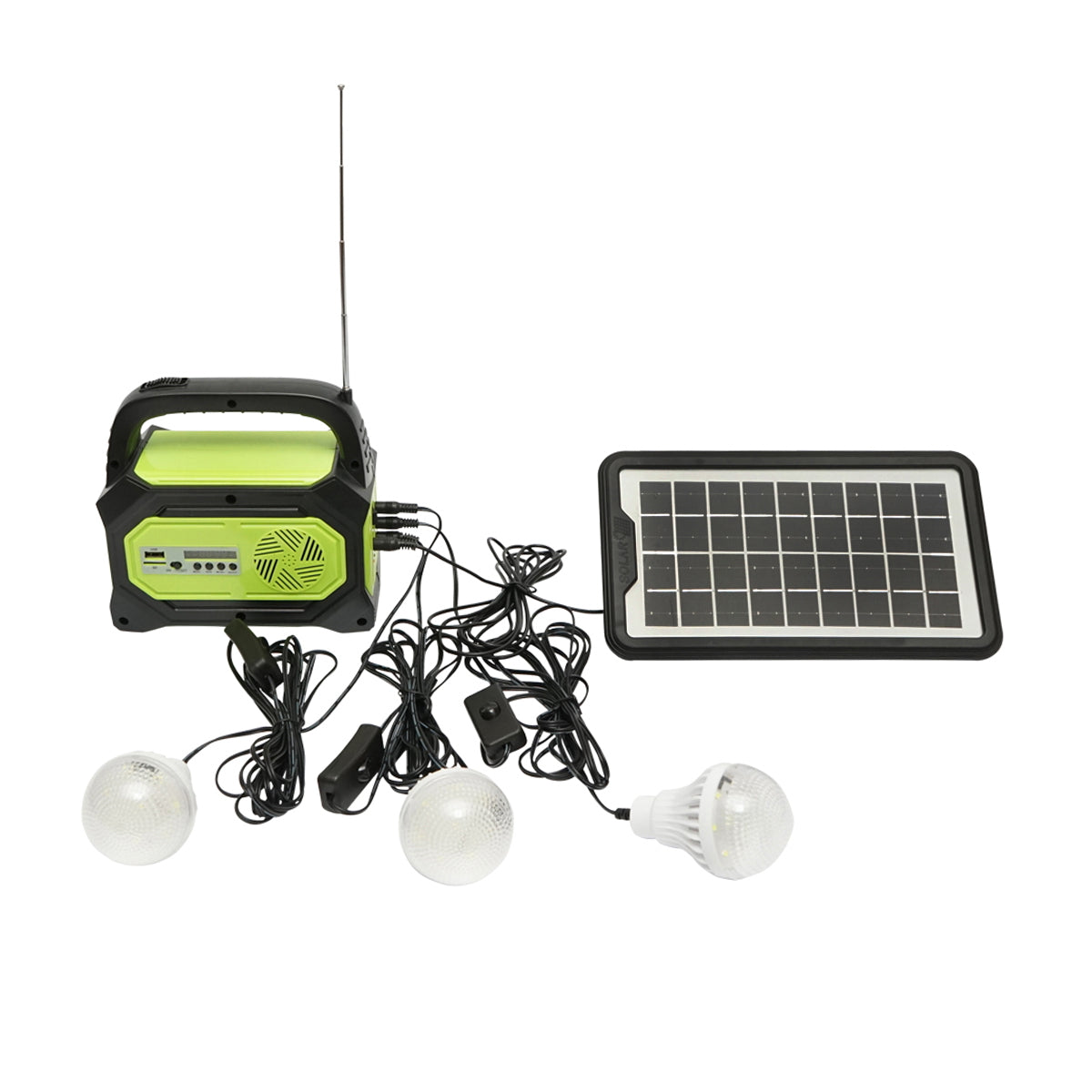 Portable LED lighting kit with 3 bulbs/projector, FM radio, MP3, solar panel and 6V, 4.5 Ah battery for fishing camping GD-8073