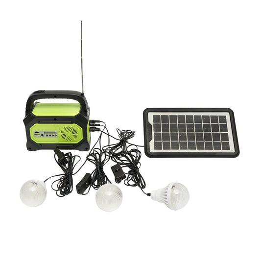 Portable LED lighting kit with 3 bulbs/projector, FM radio, MP3, solar panel and 6V, 4.5 Ah battery for fishing camping GD-8073