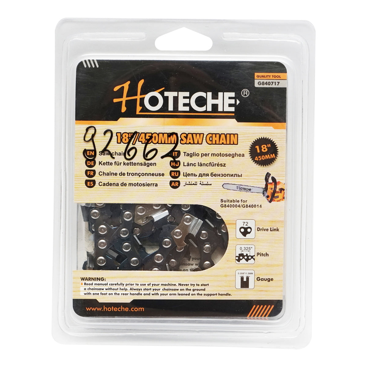 Chain saw chain 325 pitch, 72 links, 36 teeth, length 45cm (18 inch) Hoteche