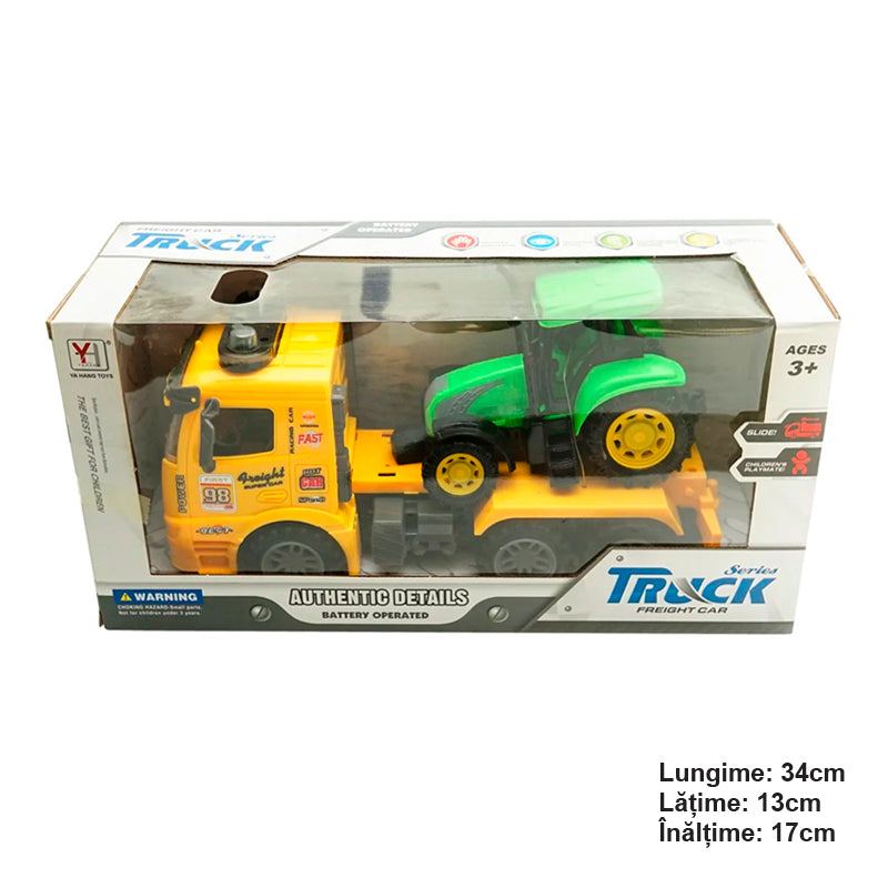 Yellow truck with authentic battery-powered trailer details together with a green toy tractor
