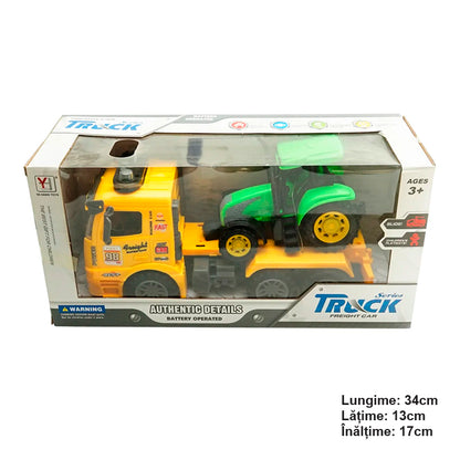 Yellow truck with authentic battery-powered trailer details together with a green toy tractor