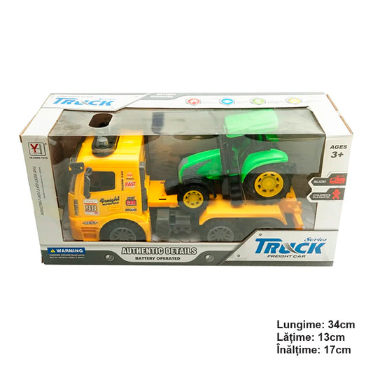 Yellow truck with authentic battery-powered trailer details together with a green toy tractor