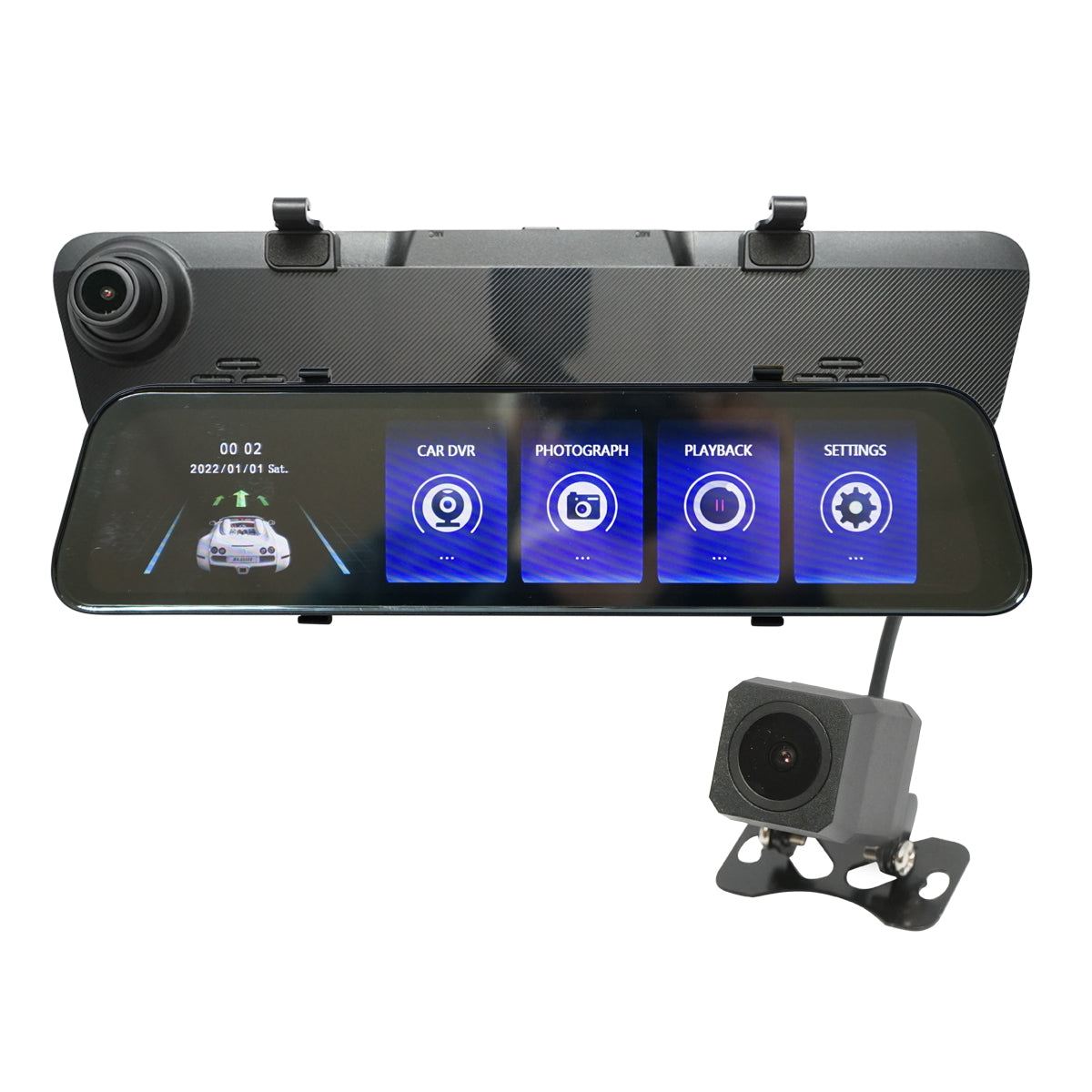 Car rearview mirror with 11.6 inch touch screen display and dual front/rear HD video camera, IPS Breckner Germany