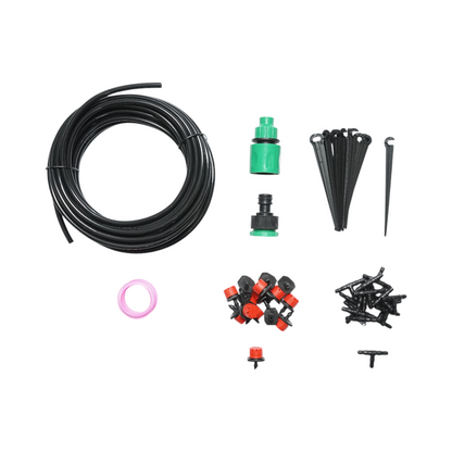 Complete drip irrigation kit with 10m hose, nozzles, connectors, fixing stakes - 49 pieces