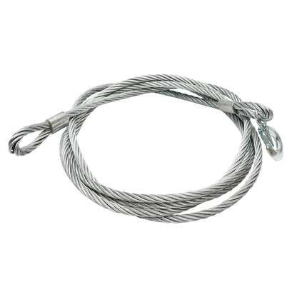 Steel winch cable with a thickness of 12mm and a length of 4m, hook and ring for towing or lifting.
