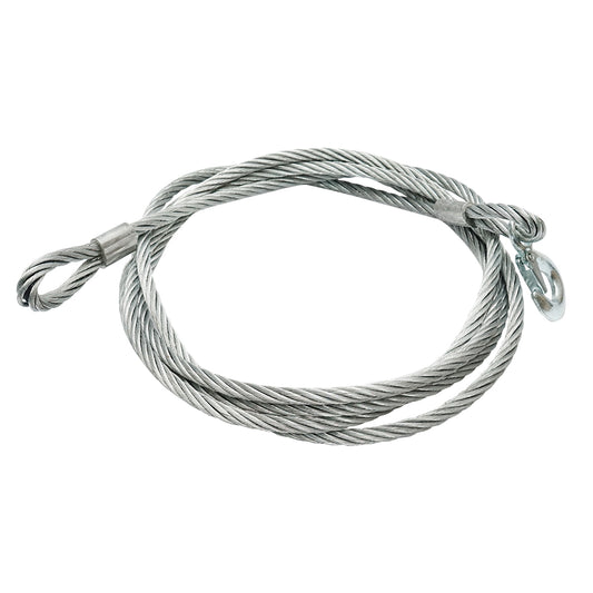 Steel winch cable with a thickness of 12mm and a length of 4m, hook and ring for towing or lifting.