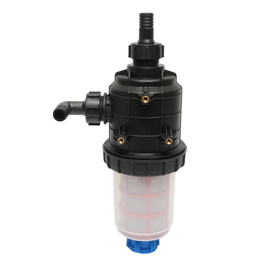 Transparent herbicide filter with 2 sieves and self-cleaning valve, 25mm connection