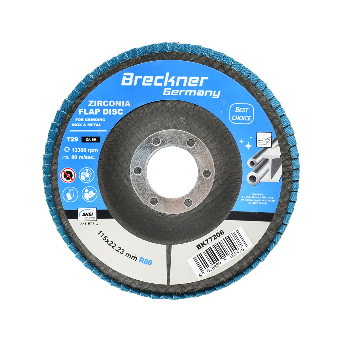 Zirconium abrasive grinding disc for cutting and polishing metal, stainless steel P80, 115mm Breckner Germany