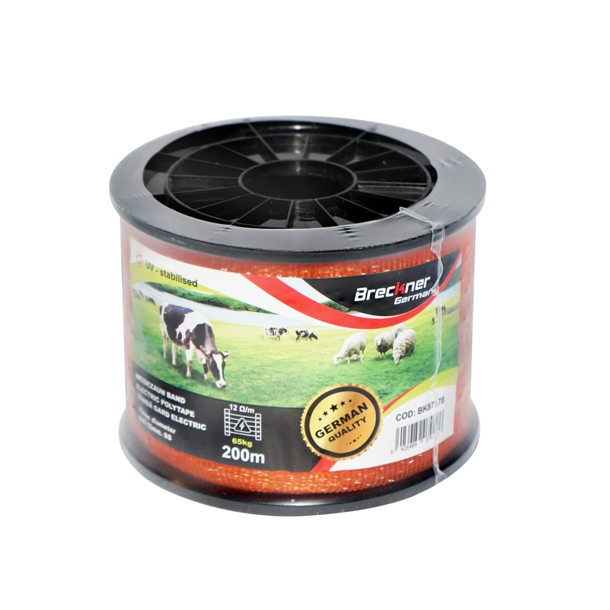 Orange tape roll 10mm with metal insert 4x0.15mm SS, resistance 12 Ohm/m, 200m electric fence Breckner Germany