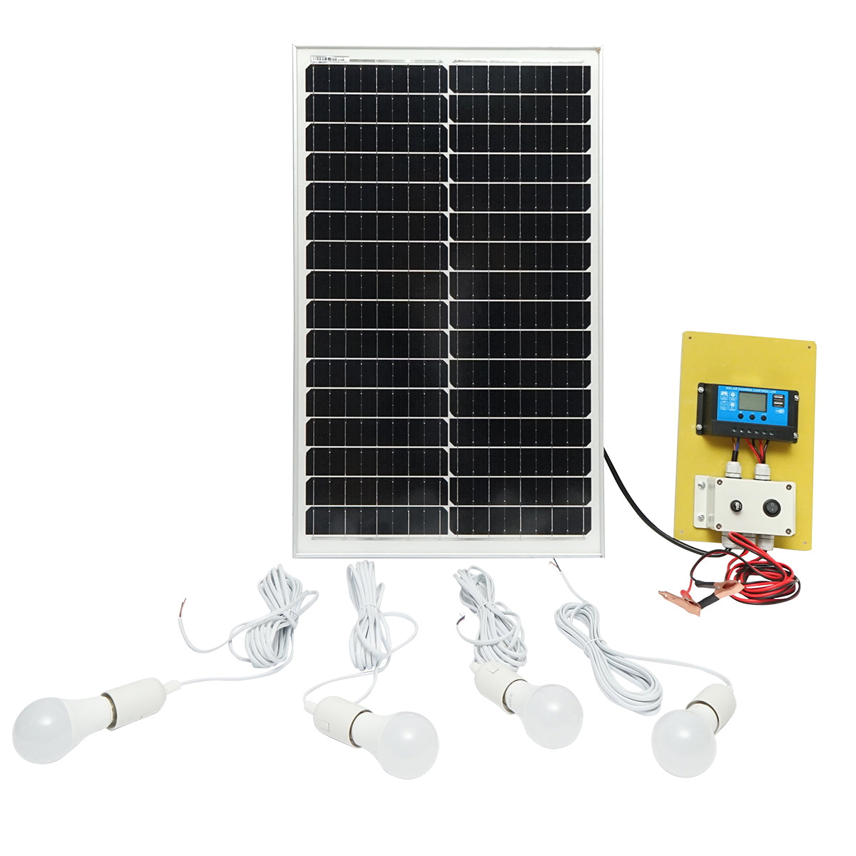 Set 50W photovoltaic monocrystalline solar panel regulator 10A 2xUSB 12/24V 4 LED bulbs 9W Breckner Germany