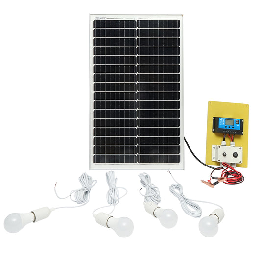 Set 50W photovoltaic monocrystalline solar panel regulator 10A 2xUSB 12/24V 4 LED bulbs 9W Breckner Germany