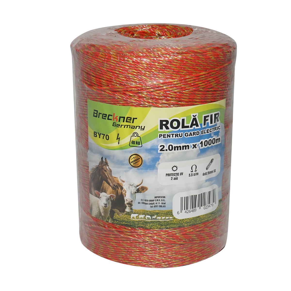 Roll of yellow-red wire 2mm, 6x0.15mm stainless steel, 5.5 Ohm/m 1000m electric fence Breckner Germany