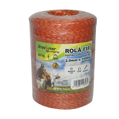 Roll of yellow-red wire 2mm, 6x0.15mm stainless steel, 5.5 Ohm/m 1000m electric fence Breckner Germany