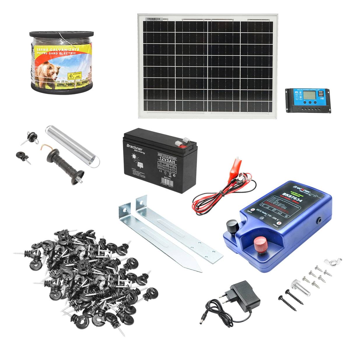 Complete electric fence kit 12/220V, 3 Joule with 20W solar panel, wire length 1000m, 100 insulators, gate kit and 12V/17Ah battery Breckner Germany