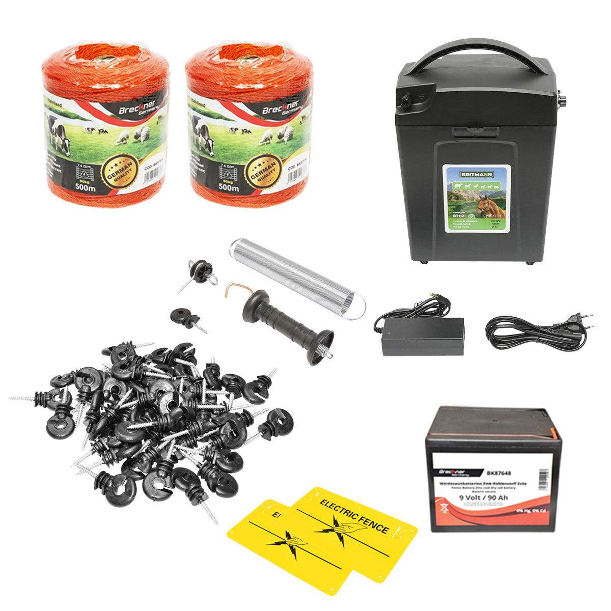 Complete electric fence kit 9/12V 0.7 Joule, wire length 1000m, 100 insulators, 2 gate handles, 2 warning signs and dry battery (non-rechargeable) 9V/90Ah Breckner Germany