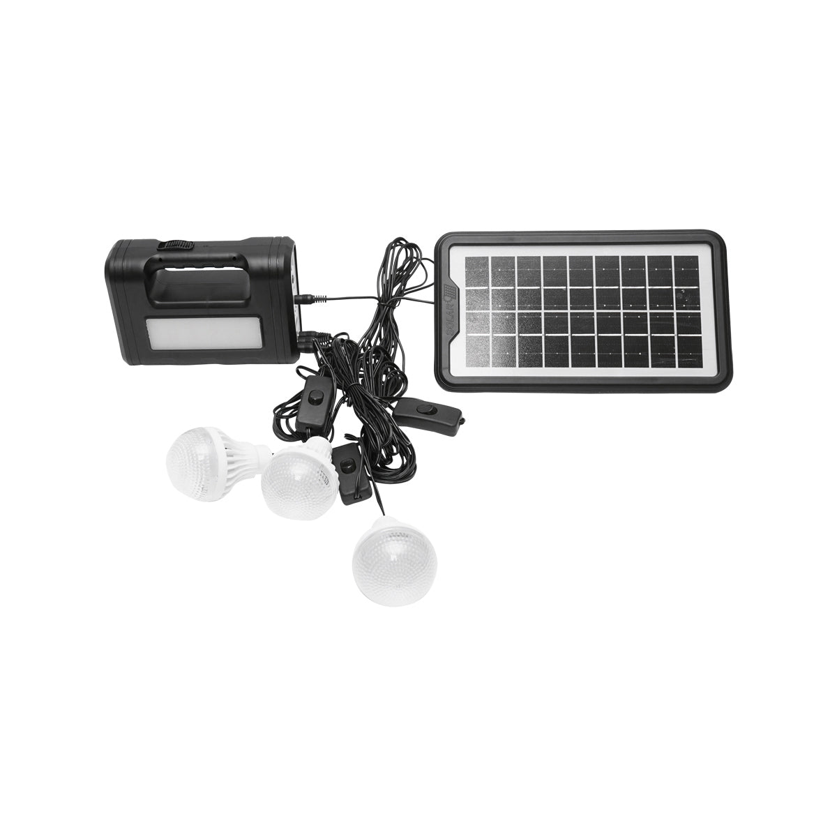Portable LED lighting kit with 3 bulbs/projector, solar panel, and 6V, 4.5Ah battery for fishing camping GD-8017