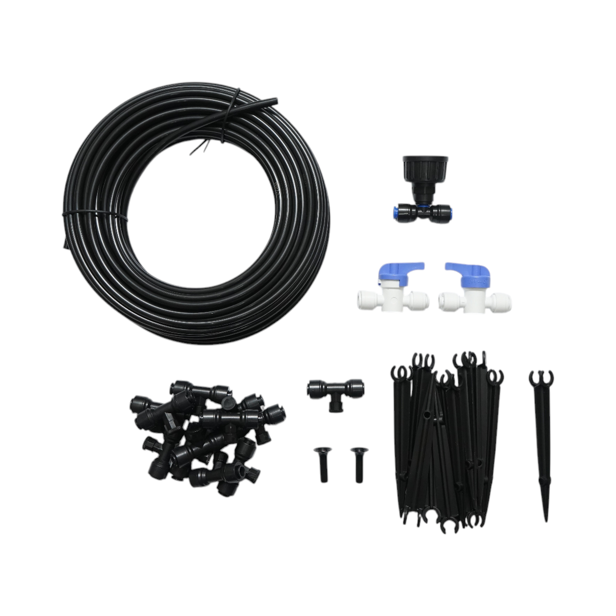 Complete irrigation kit with 15m hose, nozzles, taps, fixing rods 30 pieces