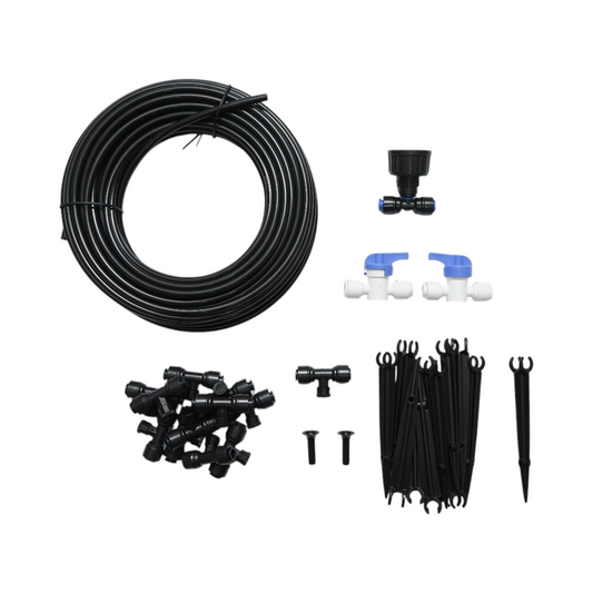 Complete irrigation kit with 15m hose, nozzles, taps, fixing rods 30 pieces