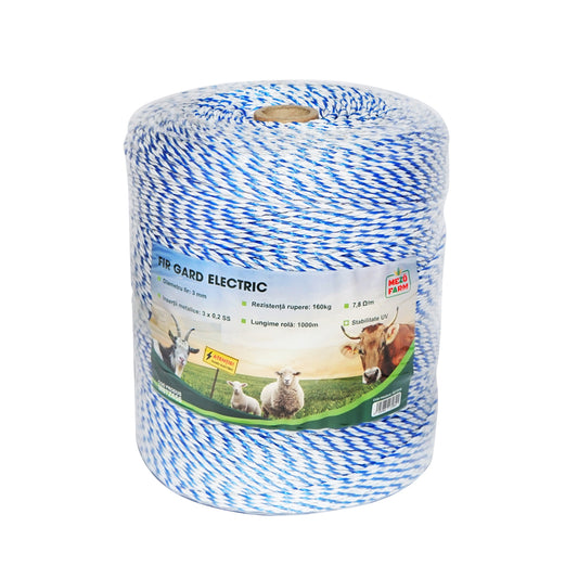 White-blue wire roll 3mm with metal insert 3x0.2mm SS, resistance 7.8 Ohm/m, 1000m electric fence Mezofarm