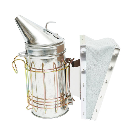 Smoker for bees made of stainless steel with a thermal shield cylinder and leather bellows 160mm
