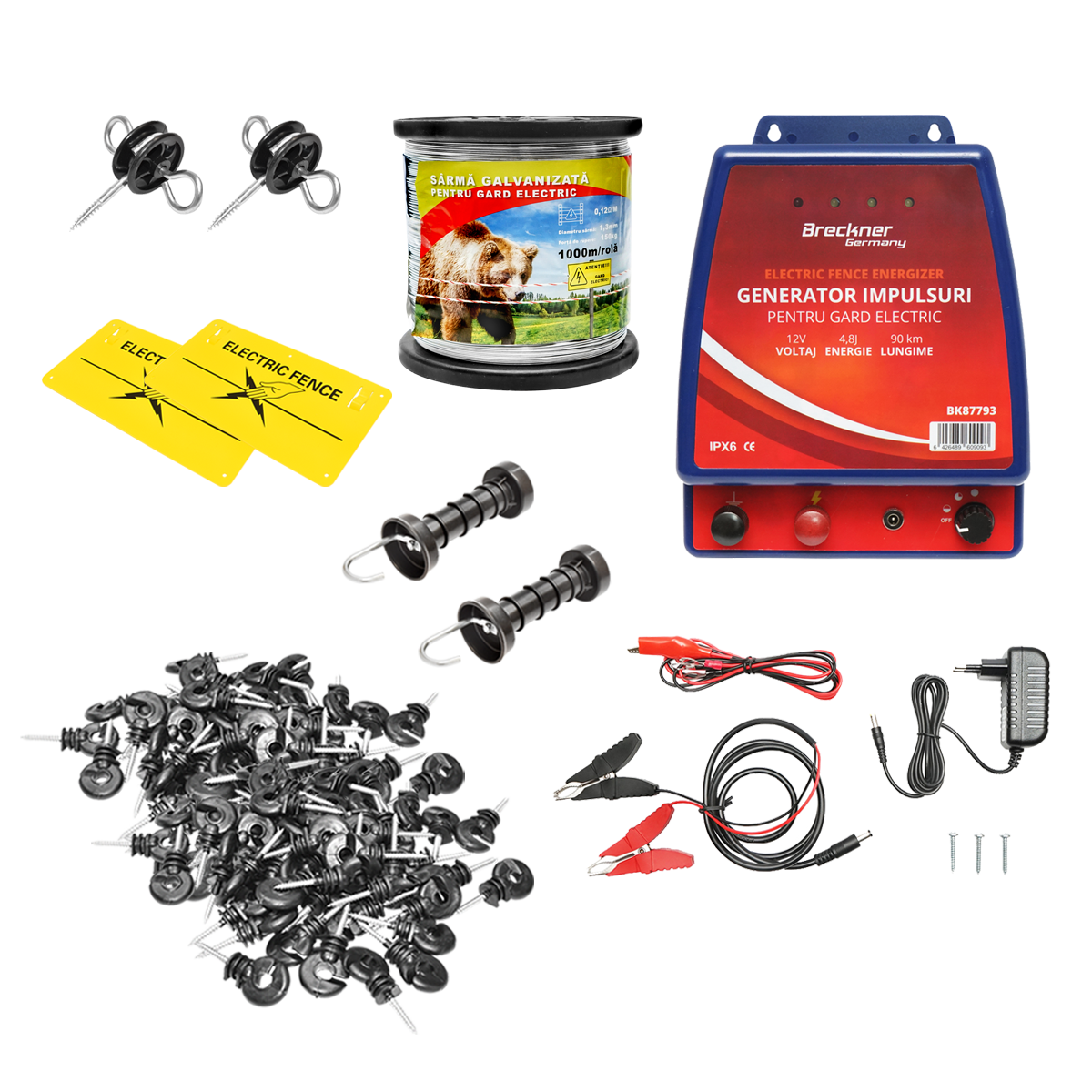 Complete electric fence kit 12/220V, 4.8 Joules, wire length 1000m, 100 insulators, and warning plates Breckner Germany