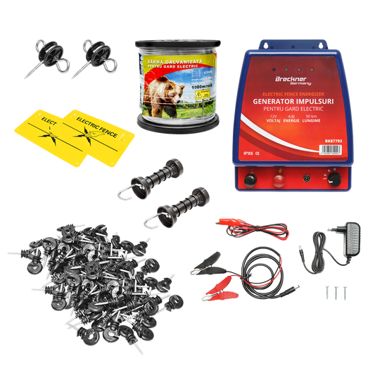Complete electric fence kit 12/220V, 4.8 Joules, wire length 1000m, 100 insulators, and warning plates Breckner Germany
