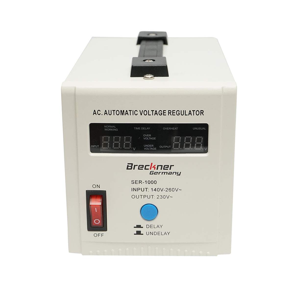 Single-phase automatic voltage stabilizer with relay 1000VA/140-260V, 2 Schuko sockets 230V, LCD display Breckner Germany