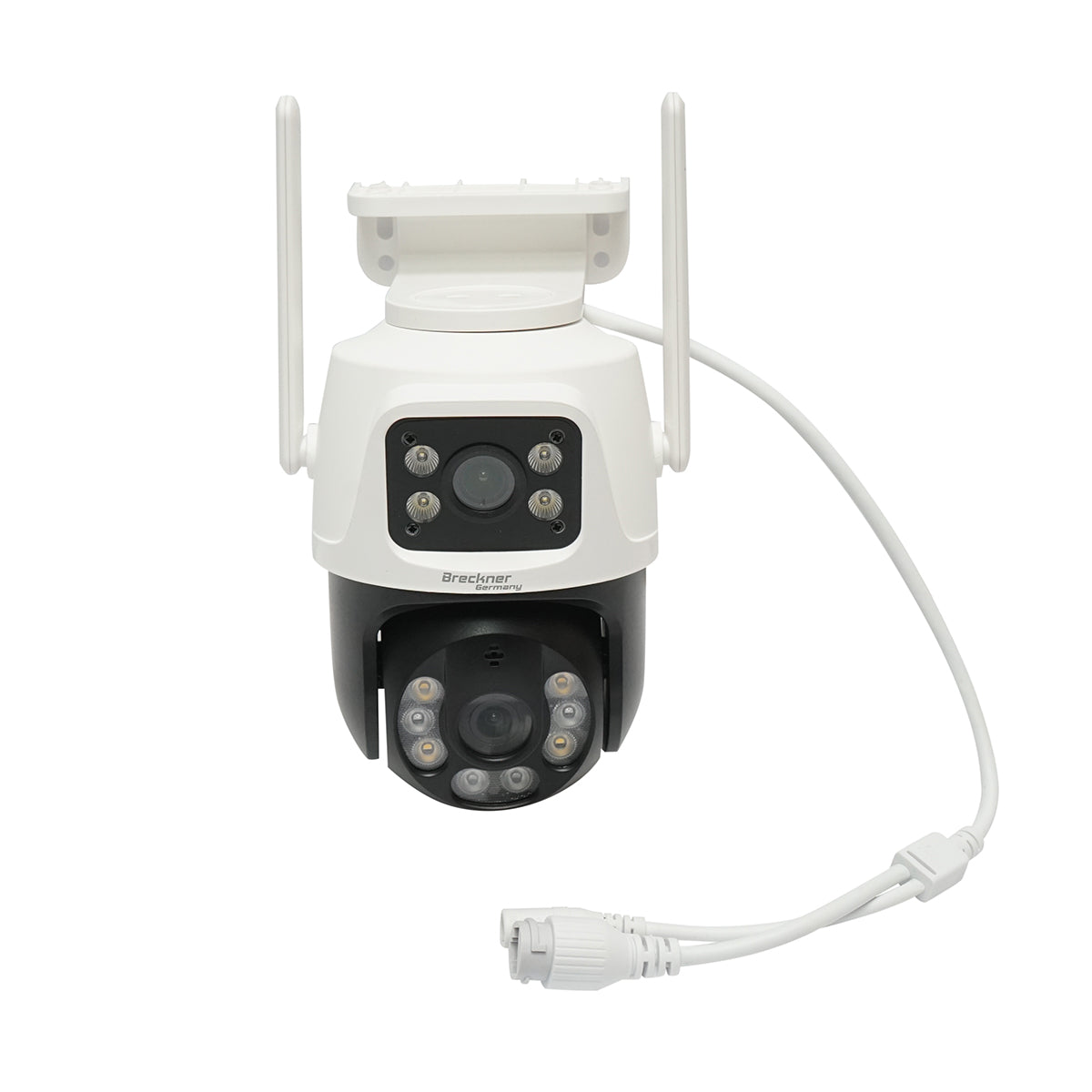 6 MP dual lens surveillance camera, P2P WIFI 2.4GHz, 360 degree PTZ rotation with motion sensor, siren, human detection, and iCSee app