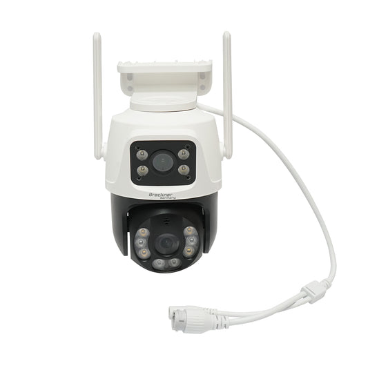 6 MP dual lens surveillance camera, P2P WIFI 2.4GHz, 360 degree PTZ rotation with motion sensor, siren, human detection, and iCSee app