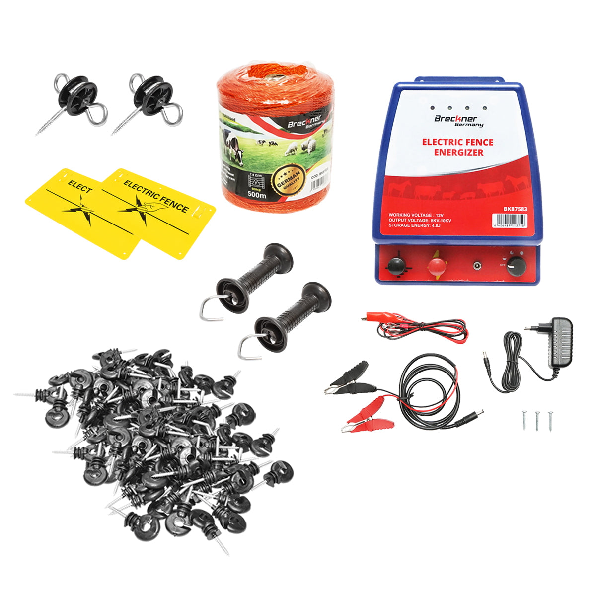 Complete electric fence kit 12/220V, 3.5 Joules, wire length 500m, 50 insulators and warning signs Breckner Germany