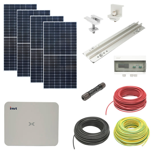 Three-phase photovoltaic solar system, ON-GRID prosumer 5KW with 12 Risen 450W photovoltaic panels mounted on sheet metal roofing.